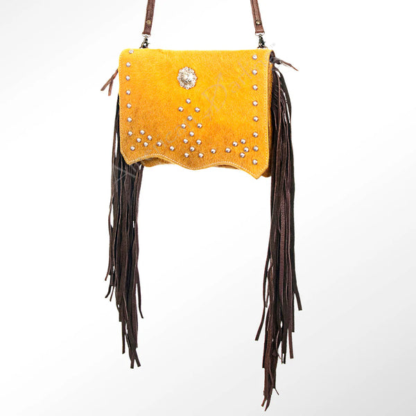 Cowhide Fringe Crossbody Bag with Western Studs & Concho