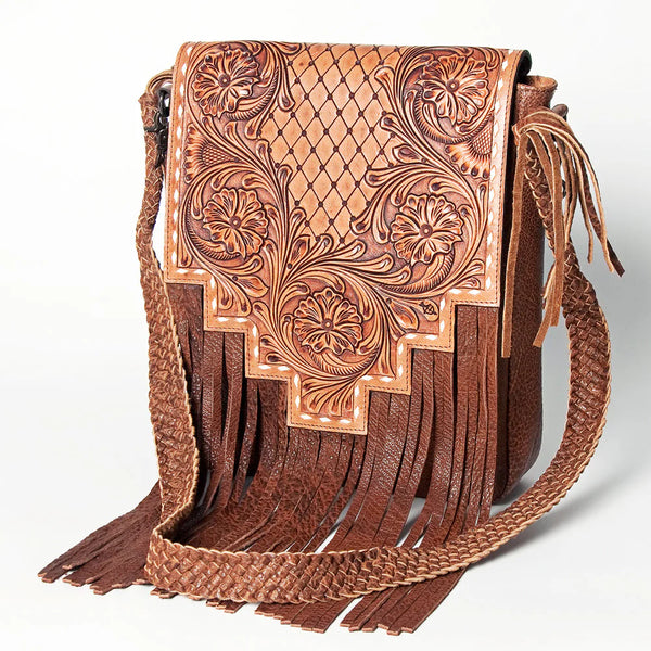 Tooled Leather Fringe Crossbody Bag with Braided Basketweave Strap
