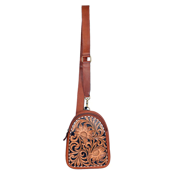 Ladies Tooled Leather Sling Bag