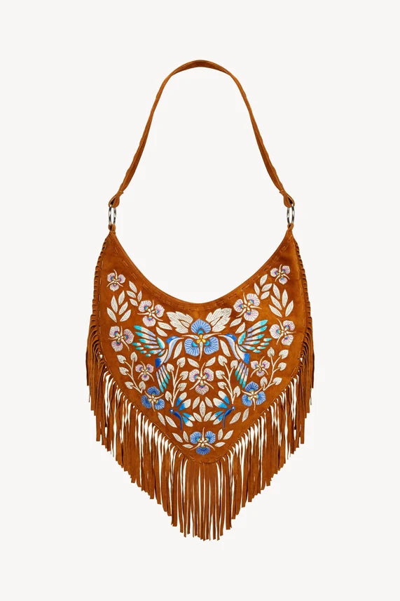 Georgina Embroidery Hobo Shoulder Bag Dark Tan