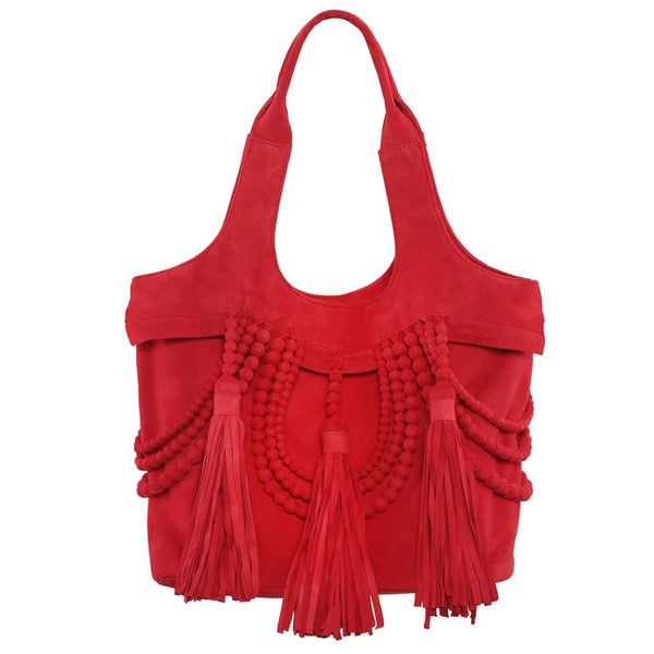 Ruby Red Bohemian Fringed Suede Handbag-Designer Fringed Leather Shoulder Bag