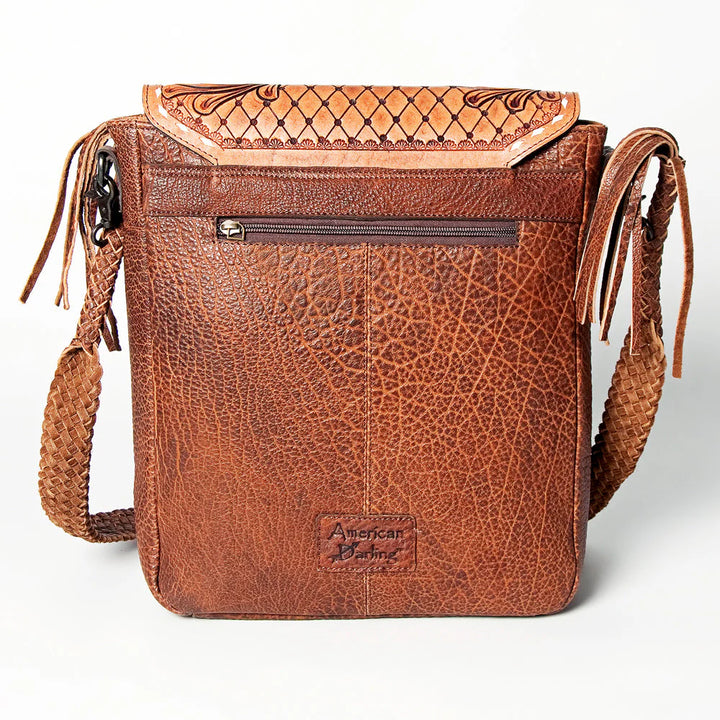Back of American Darling Western crossbody bag with zippered pocket and hand-tooled leather