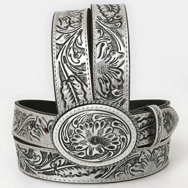 Front view of American Darling hand-tooled leather belt with silver floral design and oval Western buckle