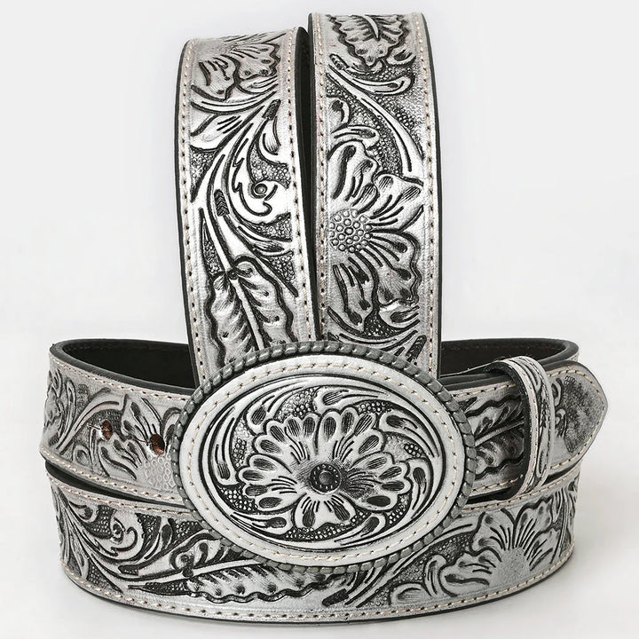 Front view of American Darling hand-tooled leather belt with silver floral design and oval Western buckle