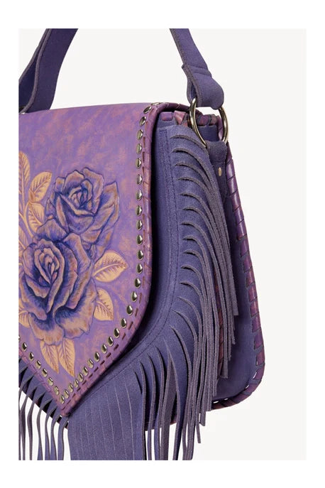 Floral tooling detail on the Akaroa Rose Hand Painted Leather Shoulder Bag, Style No. ADBG702A – handcrafted western leather bag