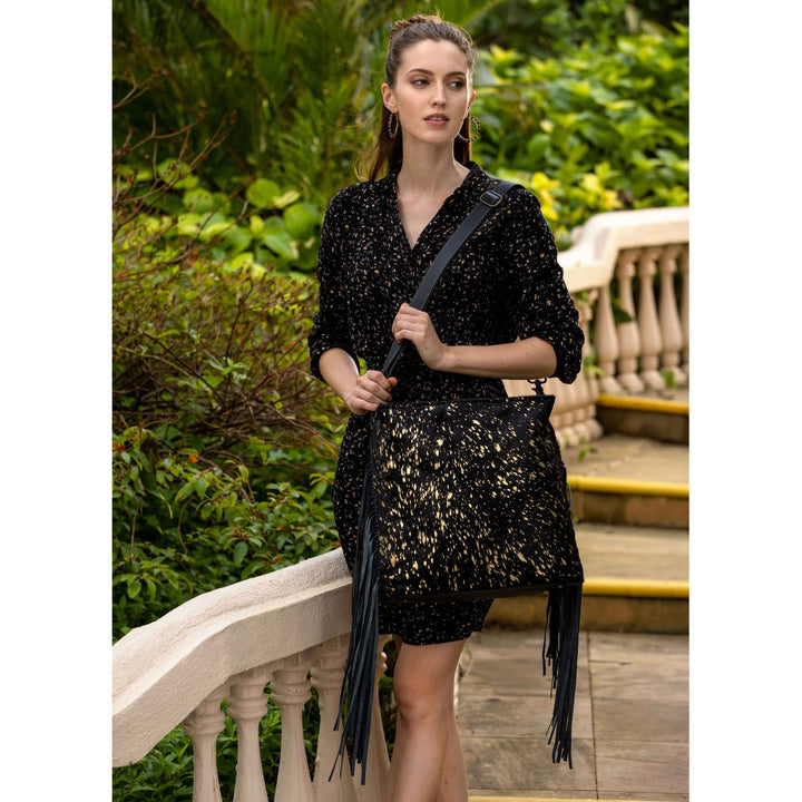 Myra Black Shimmer Shoulder Bag | Western Luxe Fringed Leather – Rodeo ...