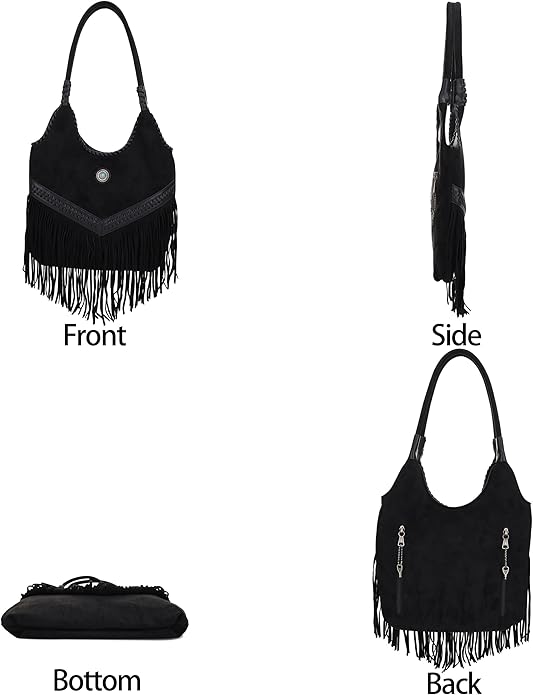 Liberty Fringed Shoulder Bag Front Side Bottom and Back views.