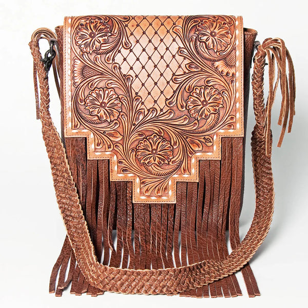 Front view of American Darling hand-tooled leather crossbody bag with fringe and floral design