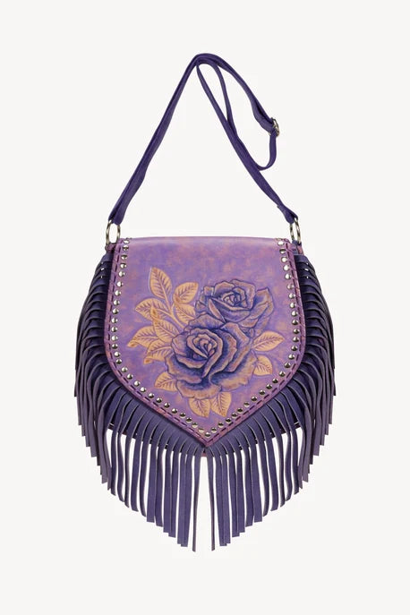 Front view of the Akaroa Rose Hand Painted Leather Shoulder Bag, Style No. ADBG702A – luxury artisan western handbag from The Artisan Rose Collection at Rodeo Trends.