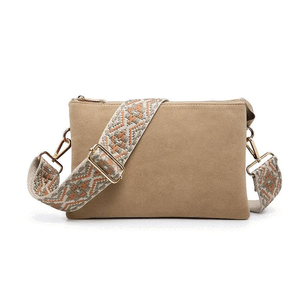 Front view of the Jen & Co Izzy Suede Crossbody Bag with Guitar Strap, Style No. M2056 – soft suede crossbody with patterned strap, available at Rodeo Trends.