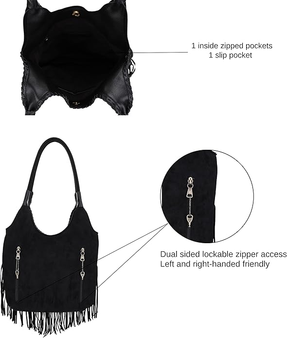 Interior of black Western tote – roomy design with zip compartments and soft lining