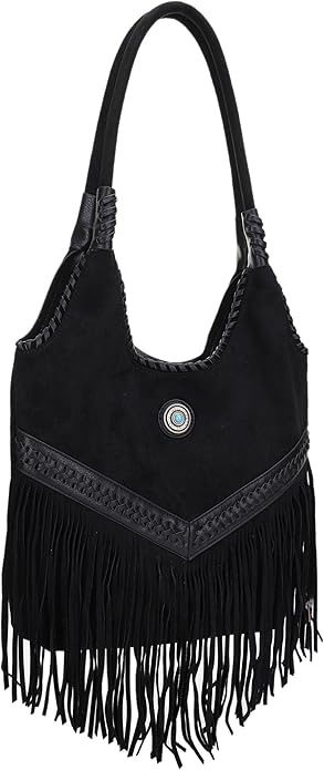 Side angle of Liberty black fringe tote – Western concealed carry handbag