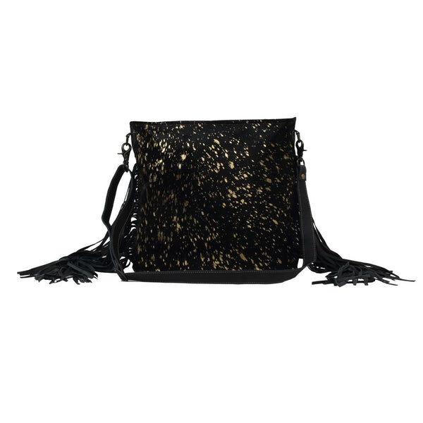 Myra Black Shimmer Shoulder Bag S-2565 – handcrafted black canvas and leather western handbag with shimmer finish