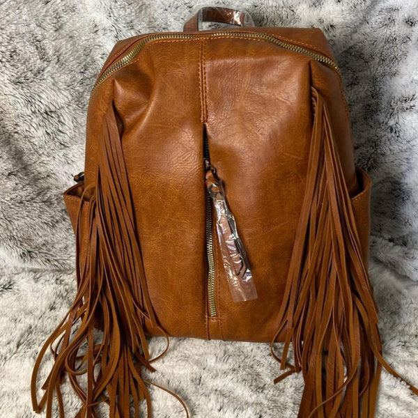 Calin Convertible Fringed Zippered Front Backpack Brown