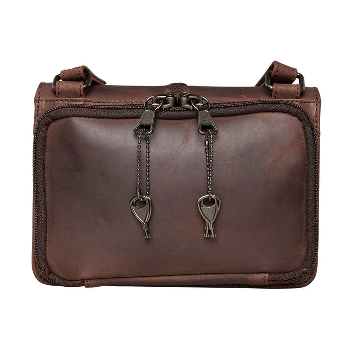 Back view of Jolene crossbody with concealed carry zipper access in Mahogany leather