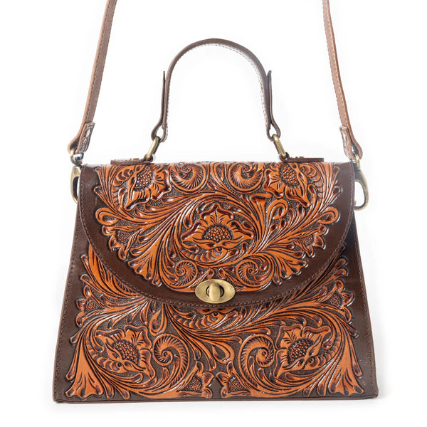 Savannah Scroll Hand‑Tooled Leather Handbag w/Crossbody