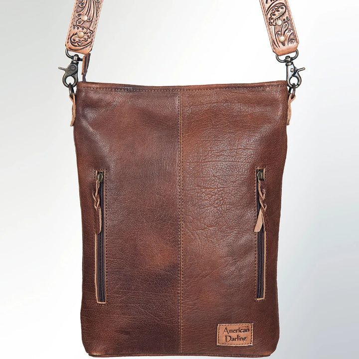 Back view of American Darling ADBG379BR crossbody bag with exterior zippered pocket and smooth leather finish