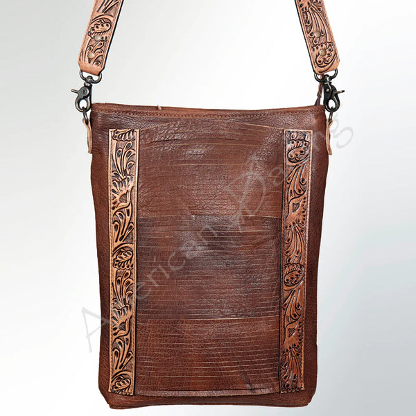 Front view of American Darling ADBG379BR crossbody bag with hand-tooled floral and scroll leather design
