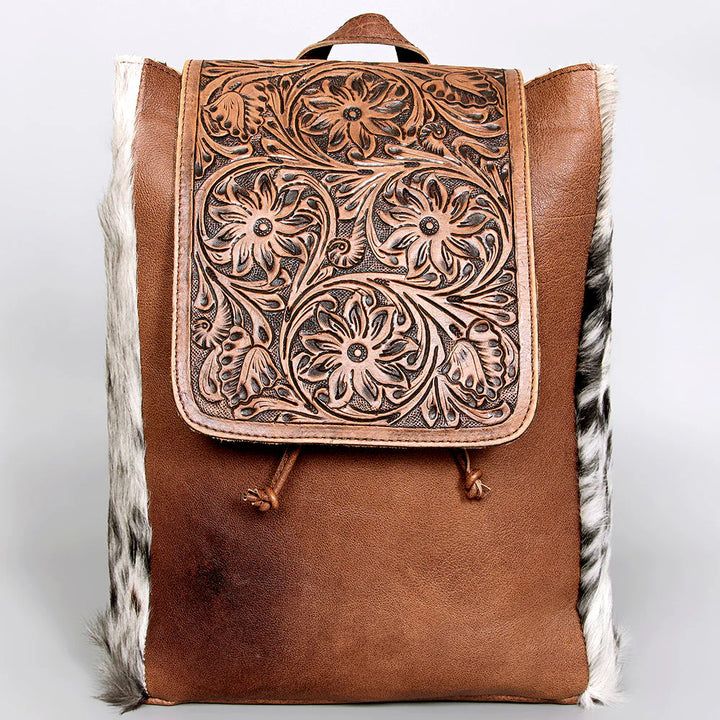 Tooled Hair On Leather Cowhide Backpack – Floral – Rodeo Trends