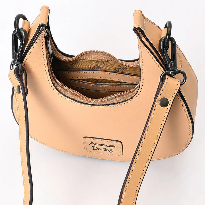Interior of ADBGZ878 showing fabric lining and zippered pocket inside the Western leather crossbody bag.