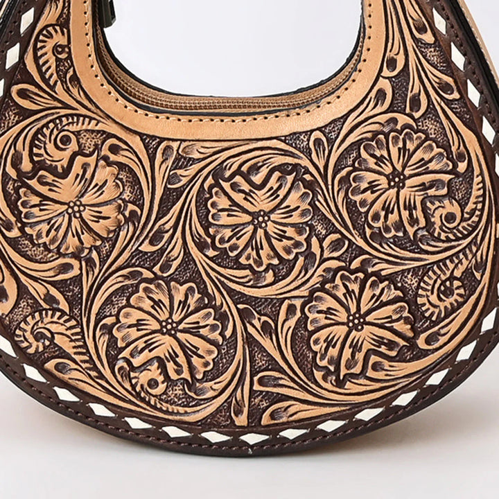 Close-up view of ADBGZ878 American Darling crossbody bag in genuine leather with hand-tooled floral Western design.
