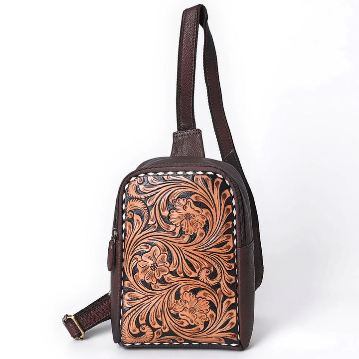 Front view of ADBGA661 American Darling hand-tooled leather sling bag in rich brown with floral Western design.