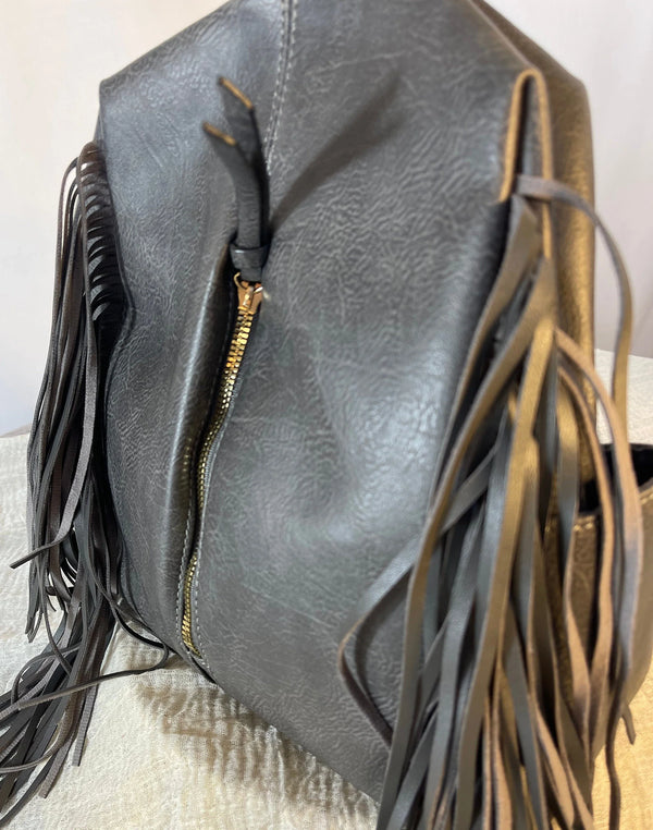 Calin Convertible Fringed Zippered Front Backpack Gray