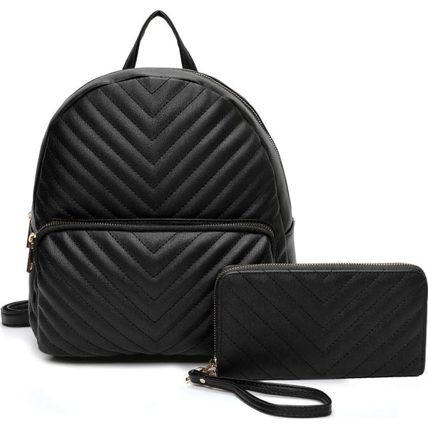 Chevron Quilted Backpack Set with Wallet