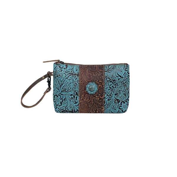 Aqua Leather & Hair On Bag-Wristlet