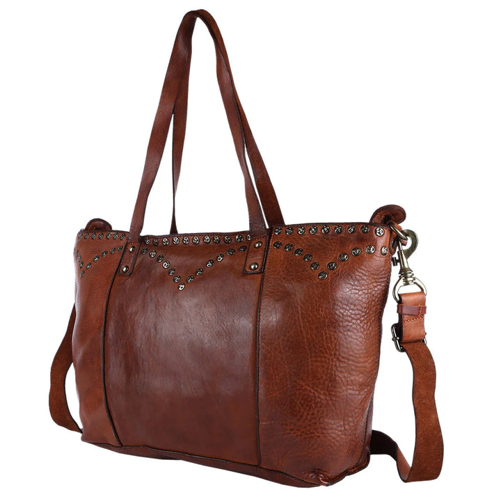 Front view of SWC135 Spaghetti Western leather tote bag featuring hand-tooled floral detail and genuine full-grain leather.