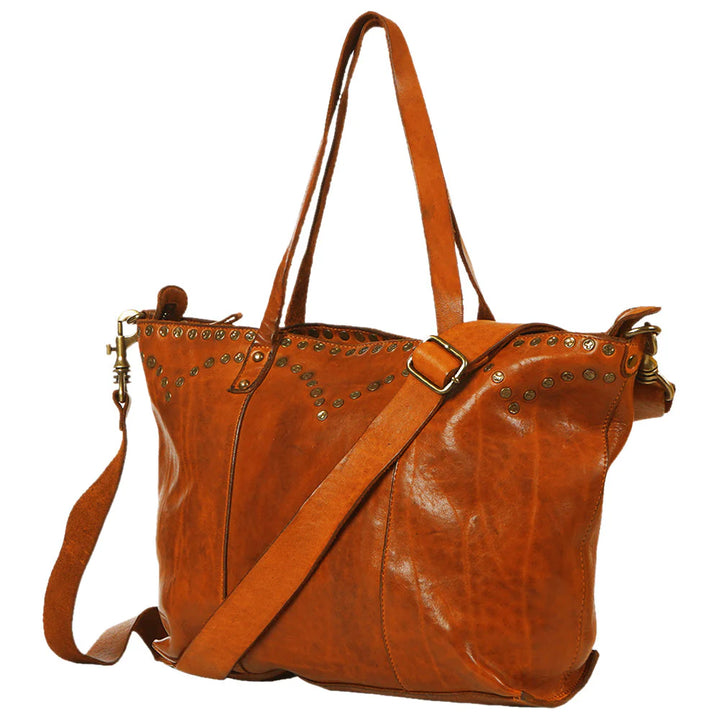 Front view of SWC135 Spaghetti Western leather tote bag featuring hand-tooled floral detail and genuine full-grain leather.