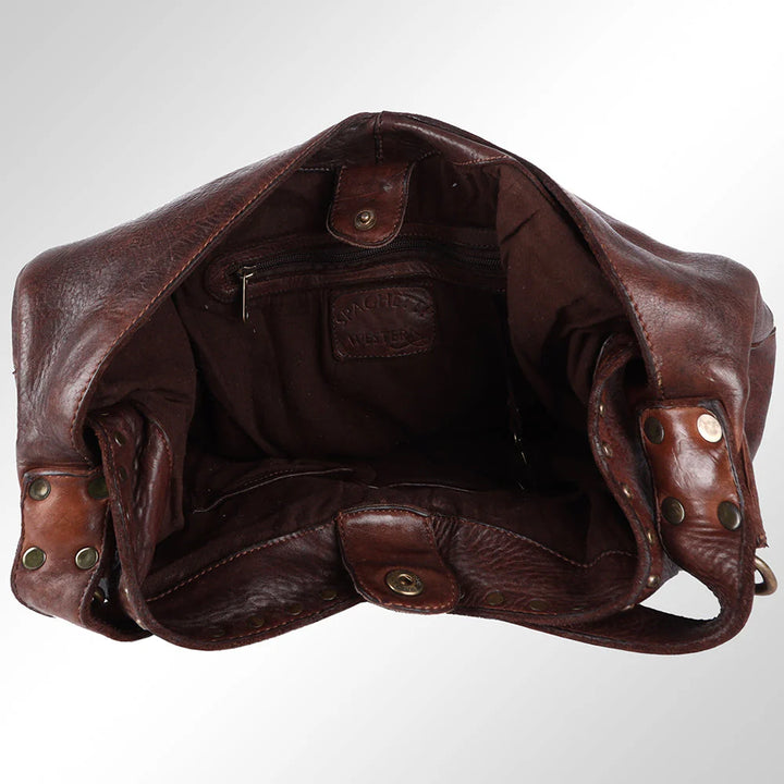 Interior of SWC176BRN hobo bag with zip pocket and full fabric lining – handcrafted leather craftsmanship.