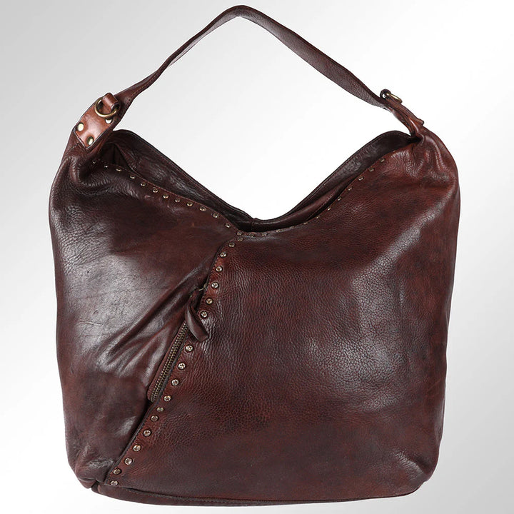 Front view of SWC176BRN Spaghetti Western hobo bag in genuine brown leather with vintage Western silhouette.