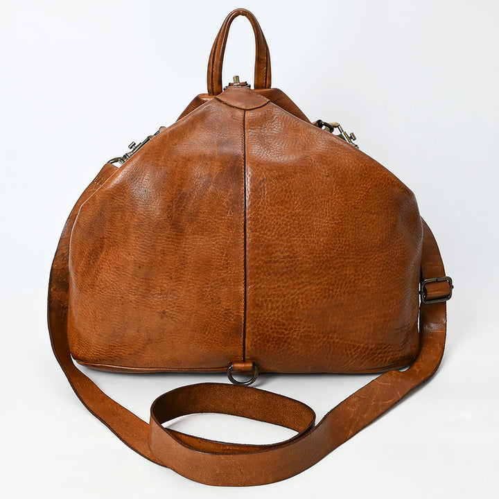 Front view of SWC194TAN Spaghetti Western crossbody bag in tan full-grain leather with floral hand-tooling.